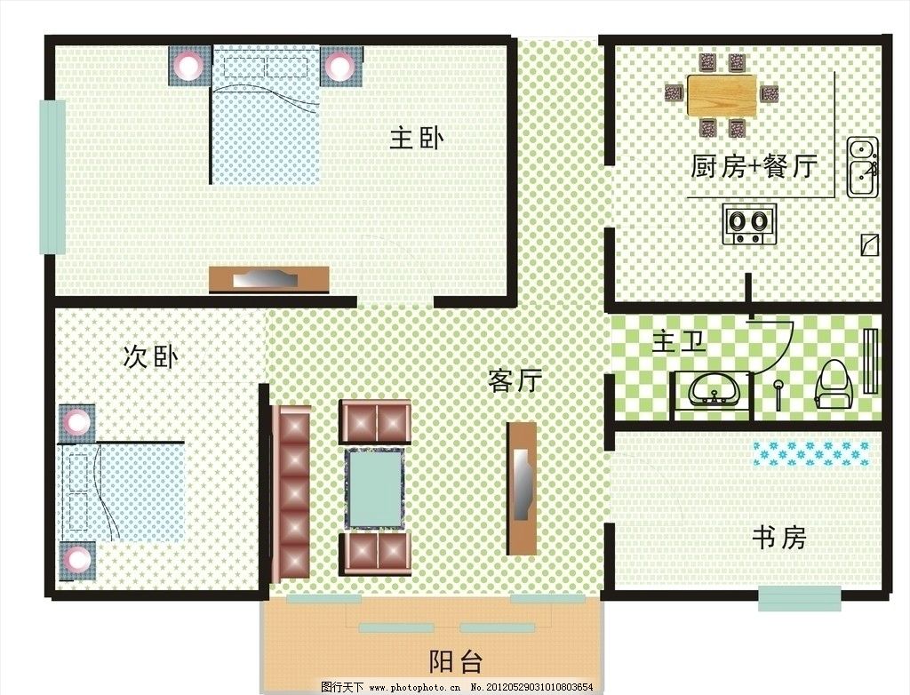 專業(yè)室內(nèi)平面設計 整合書房、沙發(fā)、電視機、床及其他元素打造理想空間